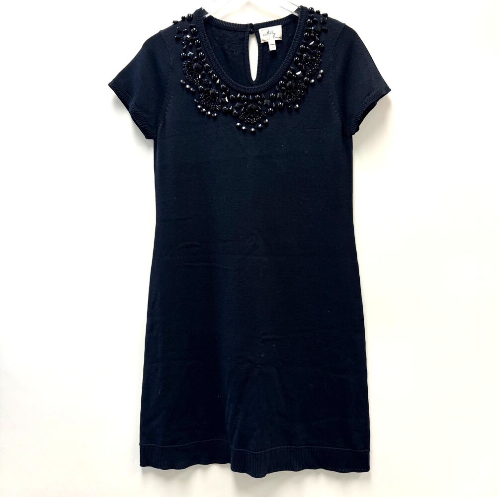 Milly Embellished Black Sweater Dress Silk Cotton Cashmere Blend Sz L